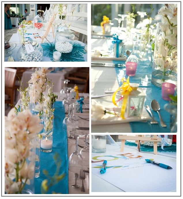 wish table with macaroon, yellow and fuschia ribbons, lanterns, orchids cybidium, aqua runners