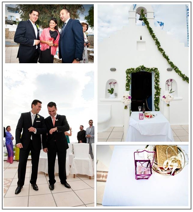 decoration of the church, wedding guests, groom and bestmen at the alter